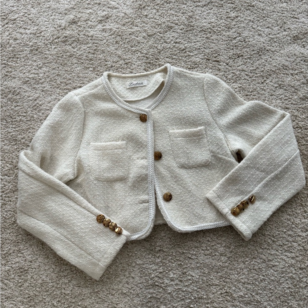 Cream and Gold Cropped Blazer with Textured Fabric